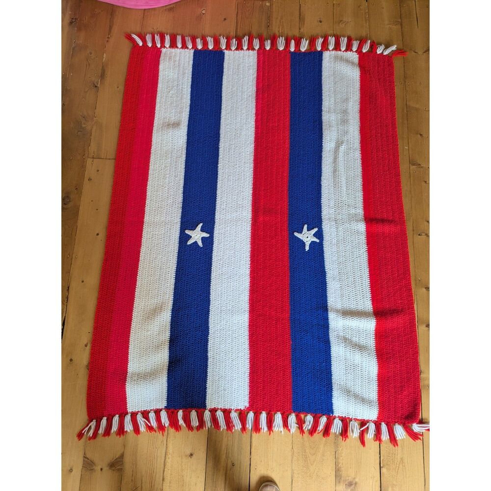 Vintage Handmade Afghan, Blanket - Patriotic Red, White and Blue Design